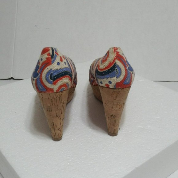 Nine West Women's Cheerful 70 Cork Wedge Peep Toe 7.5M Canvas Stripe Swirl - Picture 3 of 9